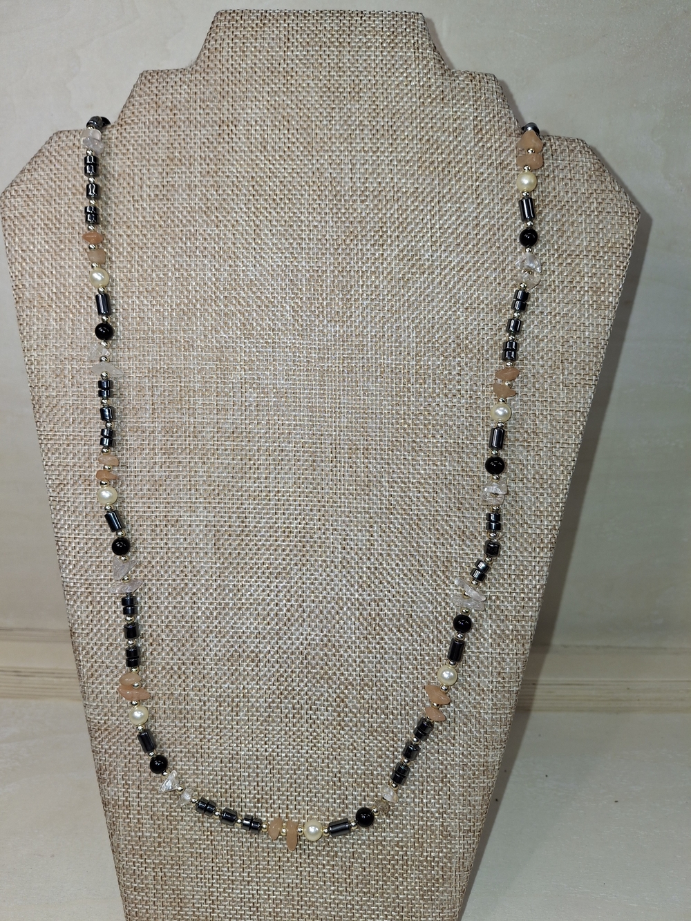 Elegant Black and Peach Beaded Long Necklace - Women's Jewelry